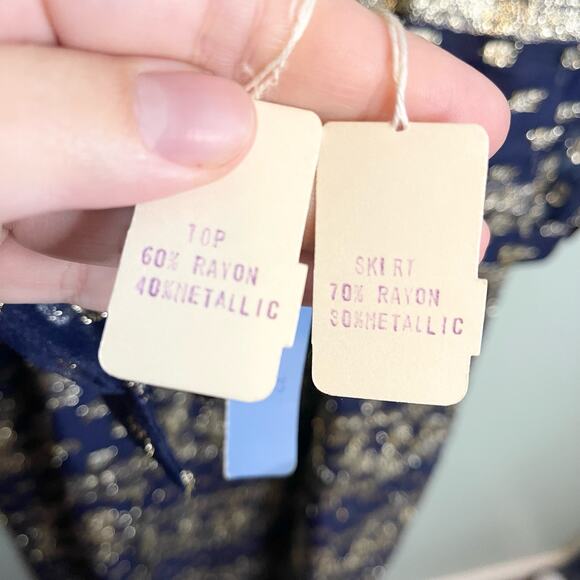 Vintage 1980s Act 2 Blue Gold Mesh Metallic Dress Size 8 Dress - Picture 5 of 14